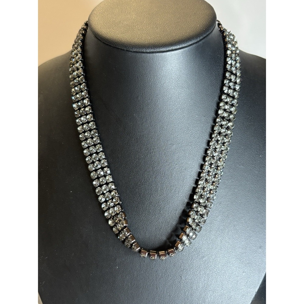 Y2K Smoky Gray Rhinestone Choker Necklace 16" Wide 3 Row Statement Glam